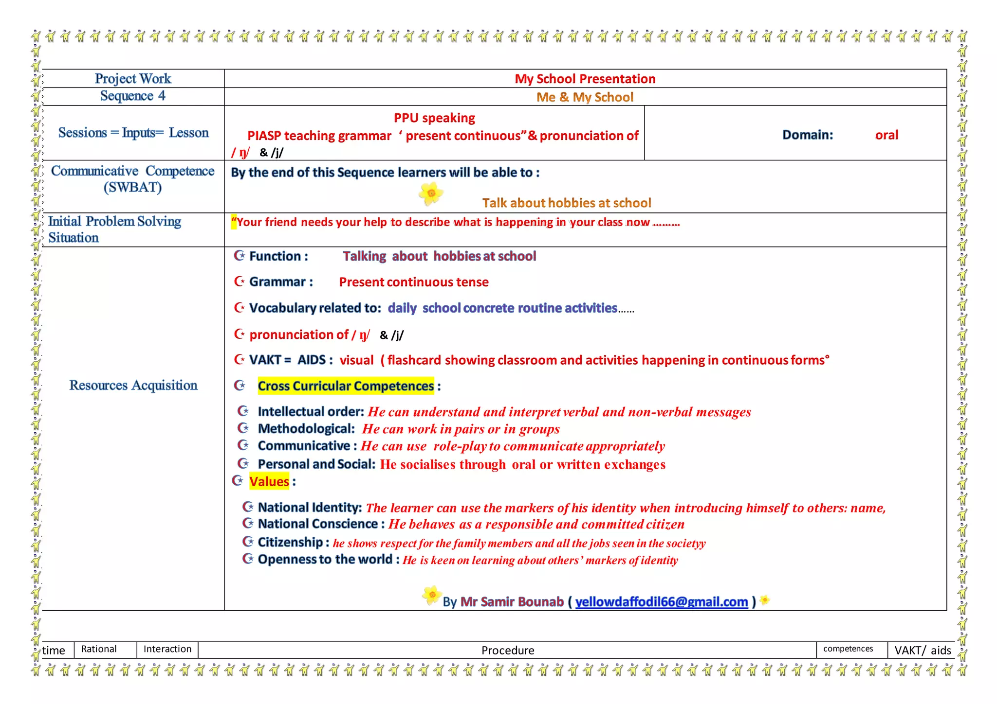 time Rational Interaction Procedure competences VAKT/ aids
My School Presentation
PPU speaking
PIASP teaching grammar ‘ present continuous”&pronunciation of
/ ŋ/ & /j/
oral
“Your friend needs your help to describe what is happening in your class now ………
 Present continuous tense
 ……
 / ŋ/ & /j/pronunciation of
 visual ( flashcard showing classroom and activities happening in continuousforms°
He can understand and interpret verbal and non-verbal messages
He can work in pairs or in groups
He can use role-play to communicate appropriately
He socialises through oral or written exchanges
Values
The learner can use the markers of his identity when introducing himself to others: name,
He behaves as a responsible and committedcitizen
he shows respect for the familymembers and all the jobs seeninthe societyy
He is keenon learning about others’ markers of identity
 