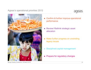 Ageas’s operational priorities 2012





Review/ Rethink strategic asset
allocation



Make further progress on unwinding
legacy issues



Disciplined capital management



Morgan Stanley Conference I 29 March 2012

Confirm & further improve operational
performance

Prepare for regulatory changes
10

 