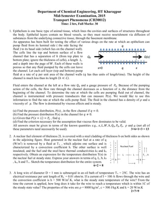 Department of Chemical Engineering, IIT Kharagpur
Mid-Semester Examination, 2015
Transport Phenomena (CH30012)
Time: 2 hrs, Full Marks: 30
1. Epithelium is one basic type of animal tissue, which lines the cavities and surfaces of structures throughout
the body. Epithelial layers contain no blood vessels, so they must receive nourishment via diffusion of
substances from the underlying connective tissue, through the basement membrane.
An apparatus has been built for testing the effect of various drugs on the rate at which an epithelium can
pump fluid from its luminal side ( the side facing the
fluid ) to its basal side (which lies on the channel wall).
The cells line the top and bottom surface of a flow
channel that has a separation of ℎ (from top plate to
bottom plate; ignore the thickness of cells), a length 𝐿,
and a depth into the page of 𝑊. Each of these walls is
porous so that any fluid pumped by the cells can leave
the channel. Let each cell layer (top and bottom) pump
fluid at a rate of 𝑞 per unit area of the channel walls (𝑞 has thus units of length/time). The height of the
channel is much less than its length (ℎ ≪ 𝐿).
Fluid enters the channel at the left at a flow rate 𝑄0 and a gauge pressure of 𝑃0. Because of the pumping
action of the cells, the flow rate through the channel decreases as a function of 𝑥, the distance from the
beginning of the channel. To determine the rate at which the cells are pumping fluid out of channel, the
channel is instrumented with pressure transducers that can measure P(x). We would like to use this
information to find the rate at which the cells pump fluid. The fluid in the channel has a density of 𝜌 and a
viscosity of 𝜇. The flow is dominated by viscous effects and is steady.
(a) Find the pressure distribution, P(x) , in the flow channel if 𝑞 = 0.
(b) Find the pressure distribution P(x) in the channel for 𝑞 ≠ 0.
(c) Given that 𝑃(𝑥 = 𝐿) = 𝑃
𝑒 , find 𝑞 .
(d) Find the criterion necessary for the assumption that viscous flow dominates to be valid.
All answers must be given in terms of the known quantities e.g., 𝑥, 𝐿, 𝑊, ℎ, 𝑄0, 𝑃0, 𝑃
𝑒,  and μ (not all of
these parameters need necessarily be used). 3+6+1+3 = 13
2. A nuclear fuel element of thickness 2L is covered with a steel cladding of thickness b on both sides as shown
in the adjoining figure. Heat generated in the nuclear fuel at a rate of q
(W/m3
) is removed by a fluid at T , which adjoins one surface and is
characterized by a convection coefficient h. The other surface is well
insulated, and the fuel and the steel have thermal conductivities kf and ks
respectively. Obtain an expression for the temperature distribution T(x) in
the nuclear fuel at steady state. Express your answers in terms of q, L, b, kf
, ks, h and T. Sketch the temperature distribution for the entire system.
6+2 = 8
3. A long wire of diameter D = 1 mm is submerged in an oil bath of temperature T = 25C. The wire has an
electrical resistance per unit length of Re
’
= 0.01 ohm/m. If a current of I = 100 A flows through the wire and
the convection coefficient is h = 500 W/m2
.K, what is the steady state temperature of the wire? From the
time the current is applied, how long does it take for the wire to reach a temperature which is within 1C of
the steady state value? The properties of the wire are  = 8000 kg/m3
, c = 500 J/kg.K and k = 20 W/m.K
2+7=9
 