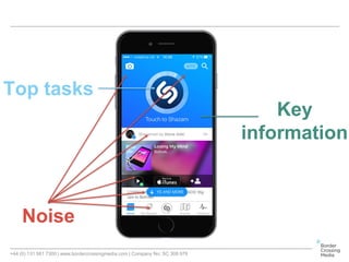 +44 (0) 131 561 7300 | www.bordercrossingmedia.com | Company No: SC 308 978
Noise
Top tasks
Key
information
 