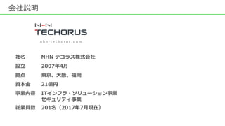 会社説明
n h n - t e c h o r u s . c o m
社名 NHN テコラス株式会社
設立 2007年4月
拠点 東京、大阪、福岡
資本金 21億円
事業内容 ITインフラ・ソリューション事業
セキュリティ事業
従業員数 201名（2017年7月現在）
 