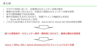 まとめ
• クラウド利用において、ID管理はセキュリティ対策の根本
• 複数のIDを使い分けるより、ID統合で強固なセキュリティ対策を実現
• まずは標準機能でSSOを実装
• 要件が高度化するのに合わせて、有償アドインで機能向上を図る
• Azure AD Premium / EMS
• これからADを導入するのであれば、Azure AD or Azure AD DSの活用も視野
様々な環境条件・セキュリティ要件・費用感に合わせて、最適な構成を御提案
Azure / Office 365 / Active Directoryのプロフェッショナルがご支援
 