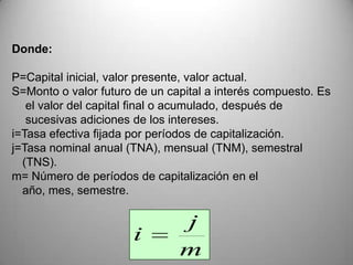 Donde:

P=Capital inicial, valor presente, valor actual.
S=Monto o valor futuro de un capital a interés compuesto. Es
   el valor del capital final o acumulado, después de
   sucesivas adiciones de los intereses.
i=Tasa efectiva fijada por períodos de capitalización.
j=Tasa nominal anual (TNA), mensual (TNM), semestral
  (TNS).
m= Número de períodos de capitalización en el
  año, mes, semestre.

                               j
                      i
                               m
 