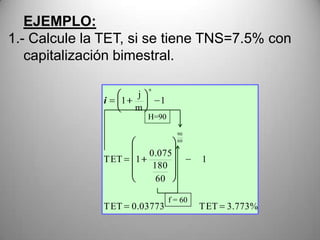 EJEMPLO:
1.- Calcule la TET, si se tiene TNS=7.5% con
   capitalización bimestral.

                        n
                    j
              i   1         1
                    m
                        H=90

                                  90
                                  60

                       0.075
              T ET   1                   1
                        180
                         60

                                f = 60
              T ET 0.03773               T ET 3.773%
 