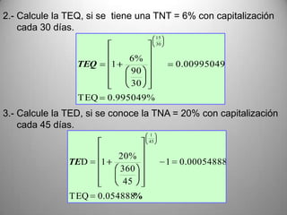 2.- Calcule la TEQ, si se tiene una TNT = 6% con capitalización
    cada 30 días.
                                           15
                                           30


                                 6%
                 TEQ        1                       0.00995049
                                 90
                                 30
                 T EQ       0.995049%
3.- Calcule la TED, si se conoce la TNA = 20% con capitalización
    cada 45 días.
                                      1
                                      45


                                20%
               TED      1                       1   0.00054888
                                360
                                 45
               T EQ    0.054888%
 