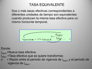 TASA EQUIVALENTE
       Dos o más tasas efectivas correspondientes a
       diferentes unidades de tiempo son equivalentes
       cuando producen la misma tasa efectiva para un
       mismo horizonte temporal.


                                                  Hequiv
                                              n
               iequivalent   (1   iefectiva
                                          )       fefect   1
                        e



Donde:
iequiv.=Nueva tasa efectiva.
Iefect =Tasa efectiva que se quiere transformar.
n = Razón entre el período de vigencia de iequiv. y el período de
       vigencia de iefect..
 