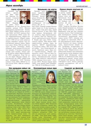 Ìàðëà êàëåíäàðü 
Êîê øóëäûðàí êàéûê ãàé 
Æóðíàëèñò, ìó-ðûçî 
Ðàèñèÿ Ìèõàé-ëîâíà 
Äàíèëîâà 28 
èþëüûøòî 60 èéûì 
òåìåí (1954). Þë-ñåð 
(Âîëæñêèé) ðàé-îí 
×îäûðàÿë Êîðà-ìàñûøòå 
øî÷ûí. Âå-ðûñå 
øêîëûì (1971), 
Ïàëàíòàé ë¢ìåø ìóçó÷èëèùûì (1975), 
Êðóïñêàÿ ë¢ìåø ÌÃÏÈ-ì (1987) òó-íåì 
ëåêòûí. «Ìàðèé Ýë» êóãûæàíûø 
àíñàìáëüûí õîðûøòûæî ìóðåí (1975- 
80). 1980 èé ãû÷ «Ìàðèé Ýë» ÂÃÒÐÊ-í 
ñåì ðåäàêòîðæî. Æóðíàëèñò ïàøà äåíå 
ñåì àëàíûì ÷àê êûëäåí, Ìàðèé êóíäå-ìûì 
äà êàëûêøûì Ðîññèé êóìäûêûø-òî, 
ôèíí-óãîð ýëëàøòå ÷àïëàíäàðà. 
Ïåðåäà÷ûæå-âëàêûì, ìóðûìûæûì, 
êîíöåðò â¢äûìûæûì êàëûê éºðàòåí 
êîëûøòåø. Ðåñïóáëèêûñå, Ðîññèéû-ñå 
æóðíàëèñò äà ìóðî êîíêóðñ-âëàêûí 
ëàóðåàòøå («Ùèò è ìå÷», 2003; «Ìíî-ãîëèêàÿ 
Ðîññèÿ», 2010; «Ïåñíè Ðîñ-ñèè 
», 2008). ×å÷íÿø êîê ãàíà ìèåí 
(2002, 2003), ìàðèé îìîíîâåö-âëàê 
íåðãåí ïåðåäà÷å-âëàêûì âîçåí, «Çà 
ìóæåñòâî» çíàê äåíå ïàëåìäàëòûí 
(2005). ÐÔ æóðíàëèñò óøåìûí å‰æå 
(1985), Ìàðèé Ýëûí ñóëëî àðòèñòêû-æå 
(1992). 
Ïî÷åëàìóòøûì êàëûê ìóðà 
Ïîýòåññå Àëü-áåðòèíà 
Èâàíî-âà 
(Àëüáåðòèíà Ïå-òðîâíà 
Àïòóëëè-íà) 
11 àâãóñòûø-òî 
60 èéûì òåìåí 
(1954). Êóæý‰åð 
ðàéîí Øîéä¢‰ûøòº 
øî÷ûí, Òîøòî 
É¢ëåä¢ðûøòº êóøêûí. Âåðûñå øêîëûì 
(1971), ÌàðÃÓ-ì (1977) òóíåì ïûòàðåí. 
«Ìàðèé êîììóíûøòî» (1971-72), Ìà-ðèé 
ðàäèîøòî (1977-83), «Îí÷ûêûø-òî 
» (1983-86) ûøòåí, Ìàðèé êíèãà ñà-âûêòûøûí 
ò¢‰ ðåäàêòîðæî, äèðåêòîð-æî 
(1986-2003), Éîøêàð-Îëàñå Ïîãû-íûìàøûí 
äåïóòàòøå (1986-90) ëèé-ûí. 
2003 èé ãû÷ «Îòî» ÎÎÎ-ì âóéëà-òà. 
1970 èé ãû÷ âîçàø ò¢‰àëûí, ñòó-äåíò 
ãîäûì èêûìøå êíèãàì ñàâûê-òåí 
(«Êå÷àí ýðäåíå», 1976). Âîçûìûæî 
12 éûëìûø êóñàðàëòûí, øêåæàò ðóø, 
ôèíí-óãîð ïèñàòåëü-âëàêûì êóñàðà. 13 
êíèãàì ñàâûêòåí. «Àðàëå ìûéûì, âîë-ãûäî 
þìåì!» äðàìûæå Øêåòàí ë¢ìåø 
òåàòðûøòå øûíäàëòûí (1996). Ìà-ðèé 
Ýë ñûìûêòûøûí ñóëëî äåÿòåëü-æå 
(1998), Îëûê Èïàé ë¢ìåø (1988), 
Êàñòðåí óøåì (Ôèíëÿíäèé, 2001) 
ïðåìèé-âëàêûí ëàóðåàòøå, Ðîññèé ïè-ñàòåëü 
óøåìûí å‰æå (1983). 
ММААРРИИЙЙССККИИЙЙ ММИИРР 
Ñîöèîëîã äà ôèëîñîô 
Ñîöèîëîã Âèòà-ëèé 
Èâàíîâè÷ Øà-áûêîâ 
12 àâãóñòûø-òî 
60 èéûì òå-ìåí 
(1954). Øåð-íóð 
ðàéîí Ïîòàñî-ëàøòå 
øî÷ûí. Êà-çàíñêèé 
øêîë äå÷ 
âàðà Ãîðüêèé ë¢ìåø 
ÌÏÈ-øòå òóíåìûí (1971-76). 1976 èé 
ãû÷ - Âàñèëüåâ ë¢ìåø ÌàðÍÈÈßËÈ-øòå: 
èçèðàê øàí÷å ïàøàå‰ (1976, 
1977-83), ñîöèîëîãèé ïºëêà âóéëàòû-øå 
(1987-97), äèðåêòîðûí àëìàøòû-øûæå 
(1997-2000), äèðåêòîðûí ñî-ìûëæûì 
øóêòûøî (2000), 2000 èé 
ãû÷ ñîöèîëîãèé ïºëêàí â¢äûøº øàí÷å 
ïàøàå‰æå. Àðìèéûøòå ëèéûí (1976- 
77), ðåñïóáëèêûøòå òóäî ãûíà ÑÑÑÐ 
Íàóêî àêàäåìèéûí ñîöèîëîãèé èíñòè-òóòøûí 
àñïèðàíòóðæûì òóíåì ïûòà-ðåí 
(Ìîñêî, 1983-87). Ôèëîñîôèé íà-óêî 
êàíäèäàò (1987), Ìàðèé Ýë íàóêûí 
ñóëëî äåÿòåëüæå (2014). Ðîññèéûøòå, 
éîò ýëëàøòå ñàâûêòàëòøå 150 óòëà (òû-øå÷ 
ðåñïóáëèêûí èëûøûæ íåðãåí èí-ôîðìàöèé 
äà ñòàòèñòèêå 7 áþëëåòåíü) 
øàí÷å ïàøàí àâòîðæî. Òóäûí òûðøû-ìûæ 
äåíå ñîöèîëîãèé ïºëêà ò¢íÿìáàë 
ê¢êøûòàí øûìëûìàøûì ýðòàðûøå 
ð¢äåðûø ñàâûðíåí. 
Ñàðåø ê¢ýìàëòøå ïîýò 
Ïèñàòåëü, æóð-íàëèñò, 
ôðîíòî-âèê 
Ìàêñ Ìàé-íûí 
(Ìàêñèì Ñòå-ïàíîâè÷ 
Ñòåïàíîâ) 
øî÷ìûæëàí 8 àâ-ãóñòûøòî 
- 100 èé 
(1914). Ìåäâåäå-âî 
ðàéîí Íåïîò 
(Íåô¸äêèíî) ÿë ãû÷. Éîøêàð-Îëàñå 
øûìèÿø øêîëûì (1931), Ìîñêîñî 
ðåäàêöèîííî-èçäàòåëüñêèé òåõíèêó-ìûì 
(1934), Ìàðèé ó÷èòåëü èíñòèòó-òûì 
(1940), ÖÊ ÊÏÑÑ ïåëåíûñå Âûñ-øèé 
ïàðòøêîëûì (1954) òóíåì ëåê-òûí. 
Ðàäèîêîìèòåòûøòå, Ìàðèé êíè-ãà 
èçäàòåëüñòâûøòå, «Ìàðèé êîììó-íûøòî 
» (1936 èé ãû÷ ñóëåí íàëìå êà-íûøûø 
êàéûìåø) òûðøåí. Êóãó Îò-å÷åñòâåííûé 
ñàðûøòå ëèéûí, Áåðëè-íûø 
øóûí. Âîçàø 1920-øî èéëà ìó-÷àøòå 
ò¢‰àëûí. Ïî÷åëàìóò, éîìàê, 
îéëûìàø, ïüåñå-âëàêûì 30 óòëà êíè-ãàø 
÷óìûðåí, 17 éûëìûø êóñàðàëòûí, 
øêåæàò øóêî êóñàðåí. «Àíóø» äðà-ìå 
Ì.Øêåòàí ë¢ìåø Ìàðãîñòåàòðûø-òå 
(1970) øûíäàëòûí. ßòûð ×àï êà-ãàç, 
êîê îðäåí (Éîøêàð Ø¢äûð, Îò-å÷åñòâåííûé 
ñàð (1985), ìåäàëü-âëàê 
äåíå ïàëåìäàëòûí. ÑÑÑÐ Ïèñàòåëü 
óøåìûí å‰æå (1941), ÌÀÑÑÐ-ûí êà-ëûê 
ïîýòøå (1974). 1988 èé 5 ìàéûø-òå 
êîëåí. 
Âîçûìûæî ñàð íåðãåí 
Ïðîçàèê, êóñà-ðûøå, 
æóðíàëèñò, 
ôðîíòîâèê Åëèçàð 
Îñèïîâè÷ ßíãèëü-äèíûí 
(Èãíàòèé ßí-ãèëüäèíîâè÷ 
Îñè-ïîâ) 
øî÷ìûæëàí 1 
ñåíòÿáðüûøòå (27 
àâãóñò) 100 èé òå-ìûí 
(1914). Ïîøêûðò êóíäåì Ìèøêàí 
ðàéîí ×îðàé ãû÷. 6 èÿø òóëûêåø êî-äûí, 
à÷àæûí èçàæ äåíå èëåí, ×îðàé 
øêîëûø êîøòûí. 12 èÿø (1927) Ï¢ðº 
îëàø êóðæûí, áåñïðèçîðíèê ëèé-ûí, 
êó÷àëòûí. Ï¢ðº ïåäòåõíèêóìûø-òî 
òóíåìûí (1927-32), Ìèøêàí øêî-ëûøòî, 
ðàéãàçåòûøòå ûøòåí. Ìîñêîø 
ß. ßëêàéí äåêå êàåí (1934), Ó÷ïåä-ãèçûøòå 
òûðøåí. 1936 èéûøòå Ìàð-ïåäèíñòèòóòûø 
òóíåìàø ïóðåí, äà 
êóäàëòåí, ÌÀÑÑÐ Íàðêîìïðîñûø-òî 
èíñïåêòîð ëèéûí. 1941 èþíü-1945 
èé íîÿáðü – Êóãó Îòå÷åñòâåííûé ñà-ðûøòå, 
Áåðëèíûø øóûí. Âàðà êíè-ãà 
èçäàòåëüñòâûøòå, «Ìàðèé êóì-ìóíûøòî 
» ûøòåí. 1930-øî èéëà êû-äàëíå 
âîçàø ò¢‰àëûí, øûì êíèãàì 
ëóêòûí. Îéëûìàøûæå-âëàê èêûìøå 
ãàíà «ßìäå ëèéûøòå» ñàâûêòàëòûíûò 
(1940), èêûìøå ïîñíà êíèãà - «Ñûë-íå 
ýð» (1957). Éîøêàð Ø¢äûð îðäåí 
(1945), ÿòûð ìåäàëü äåíå ïàëåìäàë-òûí. 
1994 èé 13 îêòÿáðüûøòå êîëåí. 
Êîðíûì îéûðåí ìîøòûøî å‰ 
Ìåäèöèíå íàó-êî 
äîêòîð, ïðîôåñ-ñîð, 
Óäìóðò Ðåñïó-áëèêûí 
ñóëëî èçî-áðåòàòåëüæå 
Àñûë-ãàðàé 
Ñóëòàíãàðàå-âè÷ 
ßïååâûí øî÷-ìûæëàí 
28 àâãó-ñòûøòî 
– 85 èé 
(1929). Òàòàðñòàí Ðåñïóáëèê Ìóñëþì 
ðàéîí Ìàðèé Áóëÿðîâî ãû÷. Àêòàíûø 
ðàéîí ßìàëû ò¢‰àëòûø, òû ðàéîíàê 
Äåðáåøêàñå òàòàð äåí ðóø øûìèÿø 
øêîëëàø êîøòûí. Îçà‰ êèíåìàòîãðà-ôèé 
òåõíèêóìûøòî òóíåìûí (1946), 
×èñòîïîëüûñî ìåõàíèçàöèé òåõíè-êóìûø 
êóñíåí (1947), àãðîíîì ëèé-ûí. 
Àðìèé ãû÷ ïºðòûëìåê (1952), 6 
èé «Çàãîòçåðíîøòî» ûøòåí. Âàðà èêà-íàøòå 
Îçà‰ûñå êîê âóçûø òóíåìàø 
ïóðåí, ìåäèíñòèòóòûì îéûðåí íà-ëûí. 
Ïûòàðûìåê, àñïèðàíòóðåø êî-äûí, 
Éîøêàð-Îëàø ï¢éûì ýìëûøå 
âðà÷ëàí òîëûí. Ìåäèíñòèòóòûí èñòî-ðèéûøòûæå 
èêûìøå ãàíà øûìëûìàø 
ïàøàì øóêòàø îêñàì îéûðûøî ïðåä-ïðèÿòèé 
äåíå îéïèäûøûì ûøòåí. 
1980 èé ãû÷ Èæåâñêûøòå èëåí, ìåäà-êàäåìèéûøòå 
òûðøåí. Øîíåí ëóêìî 
20 ïàøàæå (ï¢é ýðûêòàø «Âåñåííÿÿ» 
(«Âèòàäåíò») ïàñòå, «Áëåñê» ýëåêñèð) 
èëûøûø øû‰äàðàëòûí. 2011 èé 11 
ìàéûøòå êîëåí. 
53 
 