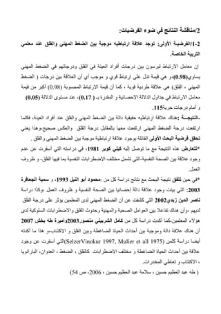 0/‫الفرضيات‬ ‫ضوء‬ ‫في‬ ‫النتائج‬ ‫مناقشة‬:
0-0/‫األولى‬ ‫الفرضيـة‬:‫معلمي‬ ‫عند‬ ‫والقلق‬ ‫المهني‬ ‫الضغط‬ ‫بين‬ ‫موجبة‬ ‫ارتباطيه‬ ‫عالقة‬ ‫توجد‬
‫الخاصة‬ ‫التربية‬.
‫إن‬‫االرتباط‬ ‫معامل‬‫ل‬‫برسو‬‫ن‬‫بين‬‫المهني‬ ‫الضغط‬ ‫في‬ ‫ودرجاتهم‬ ‫القلق‬ ‫في‬ ‫العينة‬ ‫أفراد‬ ‫درجات‬
‫يساوي‬(1.98)،‫درجات‬ ‫بين‬ ‫العالقة‬ ‫أن‬ ‫أي‬ ‫موجب‬ ‫و‬ ‫قوي‬ ‫ارتباط‬ ‫على‬ ‫تدل‬ ‫قيمة‬ ‫هي‬ ‫و‬(‫الضغط‬
‫القلق‬ ، ‫المهني‬)‫المحسوبة‬ ‫االرتباط‬ ‫قيمة‬ ‫أن‬ ‫كما‬ ، ‫قوية‬ ‫طردية‬ ‫عالقة‬ ‫هي‬(0.34)‫قيمة‬ ‫من‬ ‫أكبر‬
‫اإل‬ ‫الداللة‬ ‫جداول‬ ‫في‬ ‫االرتباط‬ ‫معامل‬‫بـ‬ ‫المقدرة‬ ‫و‬ ‫حصائية‬(1.01)‫الداللة‬ ‫مستوى‬ ‫عند‬ ،(1.10)
‫أمام‬ ‫و‬‫حرية‬ ‫درجات‬000.
-‫النتيجـــة‬:‫حقيقية‬ ‫ارتباطيه‬ ‫عالقة‬ ‫هناك‬‫فكلما‬ ،‫العينة‬ ‫أفراد‬ ‫عند‬ ‫والقلق‬ ‫المهني‬ ‫الضغط‬ ‫بين‬ ‫دالة‬
‫المهني‬ ‫الضغط‬ ‫درجة‬ ‫ارتفعت‬‫يعني‬ ‫صحيح،وهذا‬ ‫والعكس‬ ‫القلق‬ ‫درجة‬ ‫بالمقابل‬ ‫معها‬ ‫ارتفعت‬
‫تحقق‬‫األولى‬ ‫البحث‬ ‫فرضية‬‫عالقة‬ ‫بوجود‬ ‫القائلة‬‫ارتباطي‬‫موجبة‬ ‫ة‬‫والقلق‬ ‫المهني‬ ‫الضغط‬ ‫بين‬.
*‫تتعارض‬‫إليه‬ ‫توصل‬ ‫ما‬ ‫مع‬ ‫النتيجة‬ ‫هذه‬‫كوبر‬ ‫كيلي‬0980‫عدم‬ ‫عن‬ ‫أسفرت‬ ‫التي‬ ‫دراسته‬ ‫في‬ ،
‫النفسية‬ ‫الصحة‬ ‫بين‬ ‫عالقة‬ ‫وجود‬-‫القلق‬ ‫فيها‬ ‫بما‬ ‫النفسية‬ ‫االضطرابات‬ ‫مختلف‬ ‫تشمل‬ ‫التي‬-‫ظروف‬ ‫و‬
‫العمل‬.
*‫ف‬‫حين‬ ‫ي‬‫تتفق‬‫من‬ ‫كل‬ ‫دراسة‬ ‫نتائج‬ ‫مع‬ ‫البحث‬ ‫نتيجة‬:‫النيل‬ ‫أبو‬ ‫محمود‬0990‫و‬ ،‫الجعافرة‬ ‫سمية‬
0110:‫دراسة‬ ‫،وكذا‬ ‫العمل‬ ‫ظروف‬ ‫و‬ ‫النفسية‬ ‫الصحة‬ ‫بين‬ ‫إحصائيا‬ ‫دالة‬ ‫عالقة‬ ‫وجود‬ ‫بينت‬ ‫التي‬
‫زبدي‬ ‫الدين‬ ‫ناصر‬0110‫القلق‬ ‫درجة‬ ‫على‬ ‫يؤثر‬ ‫المعلمين‬ ‫لدى‬ ‫المهني‬ ‫الضغط‬ ‫أن‬ ‫عن‬ ‫كشفت‬ ‫التي‬
‫لديهم‬‫لدى‬ ‫السلوكية‬ ‫واالضطرابات‬ ‫القلق‬ ‫وحدوث‬ ‫والمهنية‬ ‫الصحية‬ ‫العوامل‬ ‫بين‬ ‫تفاعال‬ ‫هناك‬ ‫،وأن‬
‫المعلمين،كما‬ ‫هؤالء‬‫من‬ ‫كل‬ ‫دراسة‬ ‫أكدت‬‫منصور‬ ‫الشربيني‬ ‫كامل‬0110‫بخش‬ ‫طه‬ ‫وأميرة‬0111
،‫االكتئاب‬ ‫و‬ ‫القلق‬ ‫وبين‬ ‫الضاغطة‬ ‫الحياة‬ ‫أحداث‬ ‫بين‬ ‫وموجبة‬ ‫دالة‬ ‫عالقة‬ ‫هناك‬ ‫أن‬‫أكدته‬ ‫ما‬ ‫هذا‬ ‫و‬
‫در‬ ‫أيضا‬‫كل‬ ‫اسة‬‫من‬(SelzerVinokur 1997, Mulier et all 1975)‫عن‬ ‫أسفرت‬ ‫التي‬‫وجود‬
‫البارانويا‬ ،‫العدوان‬ ، ‫الضغط‬ ، ‫كالقلق‬ ‫االضطرابات‬ ‫مختلف‬ ‫و‬ ‫الضاغطة‬ ‫الحياة‬ ‫أحداث‬ ‫بين‬ ‫عالقة‬
‫المخدرات‬ ‫تعاطي‬ ‫و‬ ‫االكتئاب‬ ،.
(، ‫حسين‬ ‫العظيم‬ ‫عبد‬ ‫سالمة‬ ، ‫حسين‬ ‫العظيم‬ ‫عبد‬ ‫طه‬2006‫ص‬ ،54)
 