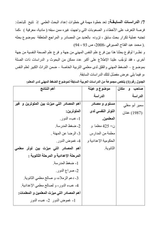 1/‫السابـقـة‬ ‫الدراسـات‬:‫تتيح‬ ‫إذ‬ ‫العلمي‬ ‫البحث‬ ‫إعداد‬ ‫خطوات‬ ‫في‬ ‫مهمة‬ ‫خطوة‬ ‫تعد‬‫للباحث‬:
‫سبقه‬ ‫ممن‬ ‫غيره‬ ‫واجهت‬ ‫التي‬ ‫الصعوبات‬ ‫و‬ ‫األخطاء‬ ‫على‬ ‫التعرف‬ ‫فرصة‬)‫معرفية‬ ،‫مادية‬(‫،كما‬
‫تجنب‬‫ه‬، ‫سابق‬ ‫بحث‬ ‫تكرار‬ ‫عملية‬‫تزو‬‫د‬‫ه‬‫المتعلقة‬ ‫المراجع‬ ‫و‬ ‫المصادر‬ ‫من‬ ‫بالعديد‬‫بحثه‬ ‫بموضوع‬
.)، ‫الصيرفي‬ ‫الفتاح‬ ‫عبد‬ ‫محمد‬2004‫ص‬ ،33،34(
‫علم‬ ‫فرع‬ ‫بين‬ ‫هذا‬ ‫بحثنا‬ ‫لوقوع‬ ‫نظــرا‬ ‫و‬‫جهة‬ ‫من‬ ‫النفسية‬ ‫الصحة‬ ‫علم‬ ‫فرع‬ ‫و‬ ‫جهة‬ ‫من‬ ‫المهني‬ ‫النفس‬
‫الصلة‬ ‫ذات‬ ‫الدراسات‬ ‫و‬ ‫البحوث‬ ‫من‬ ‫ممكن‬ ‫عدد‬ ‫أكبر‬ ‫على‬ ‫اإلطالع‬ ‫علينا‬ ‫َّب‬‫ج‬َ‫و‬َ‫ت‬ ‫فقد‬ ، ‫أخرى‬
‫بموضوع‬–‫الخاصة‬ ‫التربية‬ ‫معلمي‬ ‫لدى‬ ‫والقلق‬ ‫المهني‬ ‫الضغط‬–‫النفس‬ ‫لعلم‬ ‫الكبير‬ ‫التراث‬ ‫ضمن‬
‫ا‬ ‫الدراسات‬ ‫لتلك‬ ‫ّل‬‫ص‬‫مف‬ ‫عرض‬ ‫يلي‬ ‫فيما‬ ‫،و‬‫لسابقة‬.
‫رقم‬ ‫الجدول‬(1)‫المعلم‬ ‫لدى‬ ‫المهني‬ ‫الضغط‬ ‫لموضوع‬ ‫السابقة‬ ‫العربية‬ ‫الدراسات‬ ‫من‬ ‫مجموعة‬ ‫يلخص‬:
‫مكان‬ ‫و‬ ‫صاحب‬
‫الدراسة‬
‫عينة‬ ‫و‬ ‫موضوع‬
‫الدراسة‬
‫النتائج‬ ‫أهم‬
‫مغلي‬ ‫أبو‬ ‫سمير‬
(1987)‫ان‬ّ‫م‬‫ع‬
‫مصادر‬ ‫و‬ ‫مستوى‬
‫لدى‬ ‫النفسي‬ ‫التوتر‬
‫المعلمين‬.
‫ن‬=425‫معلما‬‫و‬
‫المدارس‬ ‫من‬ ‫معلمة‬
‫و‬ ‫اإلعدادية‬ ‫الحكومية‬
‫الثانوية‬.
‫غير‬ ‫و‬ ‫المتوترين‬ ‫بين‬ ‫ميزت‬ ‫التي‬ ‫المصادر‬ ‫أهم‬
‫المتوترين‬:
1-‫الدور‬ ‫عبء‬.
2-‫المدرسة‬ ‫ضغط‬.
3-‫المهنة‬ ‫عن‬ ‫الرضا‬.
4-‫الدور‬ ‫غموض‬.
‫معلمي‬ ‫توتر‬ ‫بين‬ ‫ميزت‬ ‫التي‬ ‫المصادر‬ ‫أهم‬
‫الثانوية‬ ‫المرحلة‬ ‫و‬ ‫اإلعدادية‬ ‫المرحلة‬:
1-‫المدرسة‬ ‫ضغط‬.
2-‫صراع‬‫الدور‬.
3-‫الثانوية‬ ‫معلمي‬ ‫صالح‬ ‫و‬ ،‫الزمالء‬ ‫دعم‬.
4-‫اإلعدادية‬ ‫معلمي‬ ‫لصالح‬ ‫و‬ ،‫الدور‬ ‫عبء‬.
‫المعلمات‬ ‫و‬ ‫المعلمين‬ ‫ميزت‬ ‫التي‬ ‫المصادر‬ ‫أهم‬:
1-‫الدور‬ ‫غموض‬2-‫الدور‬ ‫عبء‬
 