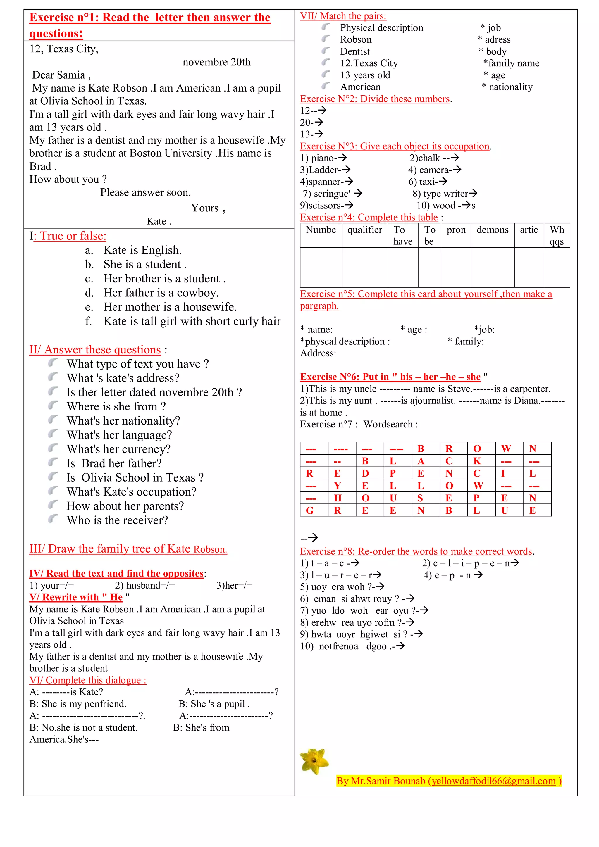 Exercise n°1: Read the letter then answer the
questions:
12, Texas City,
novembre 20th
Dear Samia ,
My name is Kate Robson .I am American .I am a pupil
at Olivia School in Texas.
I'm a tall girl with dark eyes and fair long wavy hair .I
am 13 years old .
My father is a dentist and my mother is a housewife .My
brother is a student at Boston University .His name is
Brad .
How about you ?
Please answer soon.
Yours ,
Kate .
I: True or false:
a. Kate is English.
b. She is a student .
c. Her brother is a student .
d. Her father is a cowboy.
e. Her mother is a housewife.
f. Kate is tall girl with short curly hair
II/ Answer these questions :
What type of text you have ?
What 's kate's address?
Is ther letter dated novembre 20th ?
Where is she from ?
What's her nationality?
What's her language?
What's her currency?
Is Brad her father?
Is Olivia School in Texas ?
What's Kate's occupation?
How about her parents?
Who is the receiver?
III/ Draw the family tree of Kate Robson.
IV/ Read the text and find the opposites:
1) your=/= 2) husband=/= 3)her=/=
V/ Rewrite with " He "
My name is Kate Robson .I am American .I am a pupil at
Olivia School in Texas
I'm a tall girl with dark eyes and fair long wavy hair .I am 13
years old .
My father is a dentist and my mother is a housewife .My
brother is a student
VI/ Complete this dialogue :
A: --------is Kate? A:-----------------------?
B: She is my penfriend. B: She 's a pupil .
A: ----------------------------?. A:-----------------------?
B: No,she is not a student. B: She's from
America.She's---
VII/ Match the pairs:
Physical description * job
Robson * adress
Dentist * body
12.Texas City *family name
13 years old * age
American * nationality
Exercise N°2: Divide these numbers.
12--
20-
13-
Exercise N°3: Give each object its occupation.
1) piano- 2)chalk --
3)Ladder- 4) camera-
4)spanner- 6) taxi-
7) seringue'  8) type writer
9)scissors- 10) wood -s
Exercise n°4: Complete this table :
Numbe qualifier To
have
To
be
pron demons artic Wh
qqs
Exercise n°5: Complete this card about yourself ,then make a
pargraph.
* name: * age : *job:
*physcal description : * family:
Address:
Exercise N°6: Put in " his – her –he – she "
1)This is my uncle --------- name is Steve.------is a carpenter.
2)This is my aunt . ------is ajournalist. ------name is Diana.-------
is at home .
Exercise n°7 : Wordsearch :
--- ---- --- ---- B R O W N
--- -- B L A C K --- ---
R E D P E N C I L
--- Y E L L O W --- ---
--- H O U S E P E N
G R E E N B L U E
--
Exercise n°8: Re-order the words to make correct words.
1) t – a – c - 2) c – l – i – p – e – n
3) l – u – r – e – r 4) e – p - n 
5) uoy era woh ?-
6) eman si ahwt rouy ? -
7) yuo ldo woh ear oyu ?-
8) erehw rea uyo rofm ?-
9) hwta uoyr hgiwet si ? -
10) notfrenoa dgoo .-
By Mr.Samir Bounab (yellowdaffodil66@gmail.com )
 