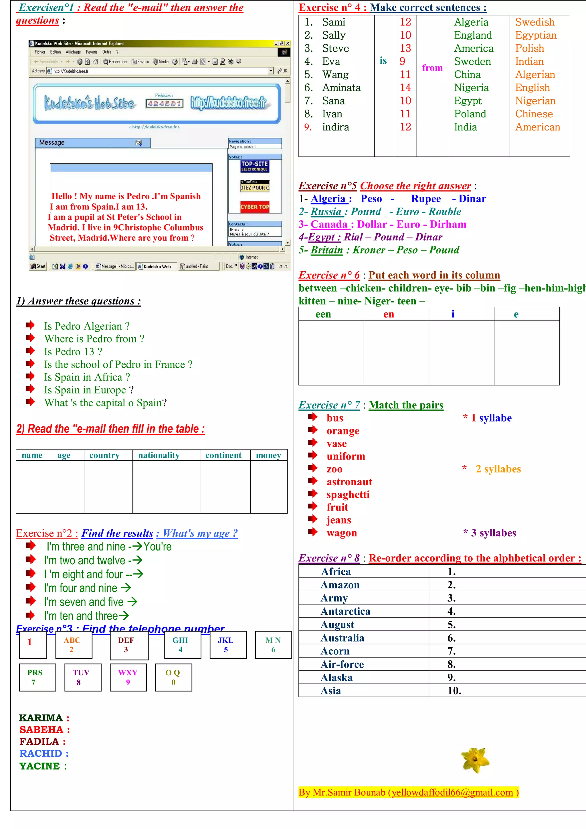 Exercisen°1 : Read the "e-mail" then answer the
questions :
Hello ! My name is Pedro .I'm Spanish
I am from Spain.I am 13.
I am a pupil at St Peter's School in
Madrid. I live in 9Christophe Columbus
Street, Madrid.Where are you from ?
1) Answer these questions :
Is Pedro Algerian ?
Where is Pedro from ?
Is Pedro 13 ?
Is the school of Pedro in France ?
Is Spain in Africa ?
Is Spain in Europe ?
What 's the capital o Spain?
2) Read the "e-mail then fill in the table :
name age country nationality continent money
Exercise n°2 : Find the results : What's my age ?
I'm three and nine -You're
I'm two and twelve -
I 'm eight and four --
I'm four and nine 
I'm seven and five 
I'm ten and three
Exercise n°3 : Find the telephone number.
KARIMA :
SABEHA :
FADILA :
RACHID :
YACINE :
Exercise n° 4 : Make correct sentences :
1. Sami
2. Sally
3. Steve
4. Eva
5. Wang
6. Aminata
7. Sana
8. Ivan
9. indira
is
12
10
13
9
11
14
10
11
12
from
Algeria
England
America
Sweden
China
Nigeria
Egypt
Poland
India
Swedish
Egyptian
Polish
Indian
Algerian
English
Nigerian
Chinese
American
Exercise n°5 Choose the right answer :
1- Algeria : Peso - Rupee - Dinar
2- Russia : Pound - Euro - Rouble
3- Canada : Dollar - Euro - Dirham
4-Egypt : Rial – Pound – Dinar
5- Britain : Kroner – Peso – Pound
Exercise n° 6 : Put each word in its column
between –chicken- children- eye- bib –bin –fig –hen-him-high
kitten – nine- Niger- teen –
een en i e
Exercise n° 7 : Match the pairs
bus * 1 syllabe
orange
vase
uniform
zoo * 2 syllabes
astronaut
spaghetti
fruit
jeans
wagon * 3 syllabes
Exercise n° 8 : Re-order according to the alphbetical order :
Africa 1.
Amazon 2.
Army 3.
Antarctica 4.
August 5.
Australia 6.
Acorn 7.
Air-force 8.
Alaska 9.
Asia 10.
By Mr.Samir Bounab (yellowdaffodil66@gmail.com )
1 ABC
2
DEF
3
GHI
4
JKL
5
M N
6
PRS
7
TUV
8
WXY
9
O Q
0
 