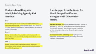 Level 1
Informed design decisions based on available literature on
environmental research, based on applicability, such as the use
of a state of the art technology or strategy based on the physical
setting of the project
Level 2
Design decisions based on predictive performance and
measurable outcomes, rather than subjective decisions based on
random choice.
Level 3
Results reported publicly, with the objective of moving
information on the methods and results moving information
beyond the design team.
Evidence-Based Design for
Multiple Building Types By Kirk
Hamilton
Start with problems. Identify the problems the project is trying to
solve and for which the facility design plays an important role
(for example, adding or upgrading technology, expanding
services to meet growing market demand, replacing aging
infrastructure
Encourage simulation and testing, assuming the patient's
perspective when making lighting and energy models and
computer visualizations.
A white paper from the Center for
Health Design identifies ten
strategies to aid EBD decision-
making
Evidence-based Design
 