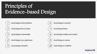 Principles of
Evidence-based Design
Good design solves problems1
4 Good design is an experiment
5 Good design is iterative
3 Good design is measurable
Good design is research6
Good design is curious9
Good design is confident10
Good design listens7
Good design enables user control8
2 Good design does no harm
 