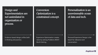 Conversion
Optimization is a
constrained concept.
Experience Optimization creates
value by solving Problems MOST
Worth Solving.
Design and
Experimentation are
not assimilated in
organization or
process.
Evidence-based design unifies both
in thinking and practice..
Conversion
Optimization is a
constrained concept.
Experience Optimization creates
value by solving Problems MOST
Worth Solving.
Personalization is an
unswimmable ocean
of data and tech.
Personal Experience Design is the
beach for relevance and
conversation.
Design and
Experimentation are
not assimilated in
organization or
process.
Evidence-based design unifies both
in thinking and practice.
 