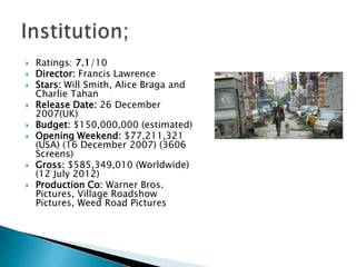    Ratings: 7.1/10
   Director: Francis Lawrence
   Stars: Will Smith, Alice Braga and
    Charlie Tahan
   Release Date: 26 December
    2007(UK)
   Budget: $150,000,000 (estimated)
   Opening Weekend: $77,211,321
    (USA) (16 December 2007) (3606
    Screens)
   Gross: $585,349,010 (Worldwide)
    (12 July 2012)
   Production Co: Warner Bros.
    Pictures, Village Roadshow
    Pictures, Weed Road Pictures
 