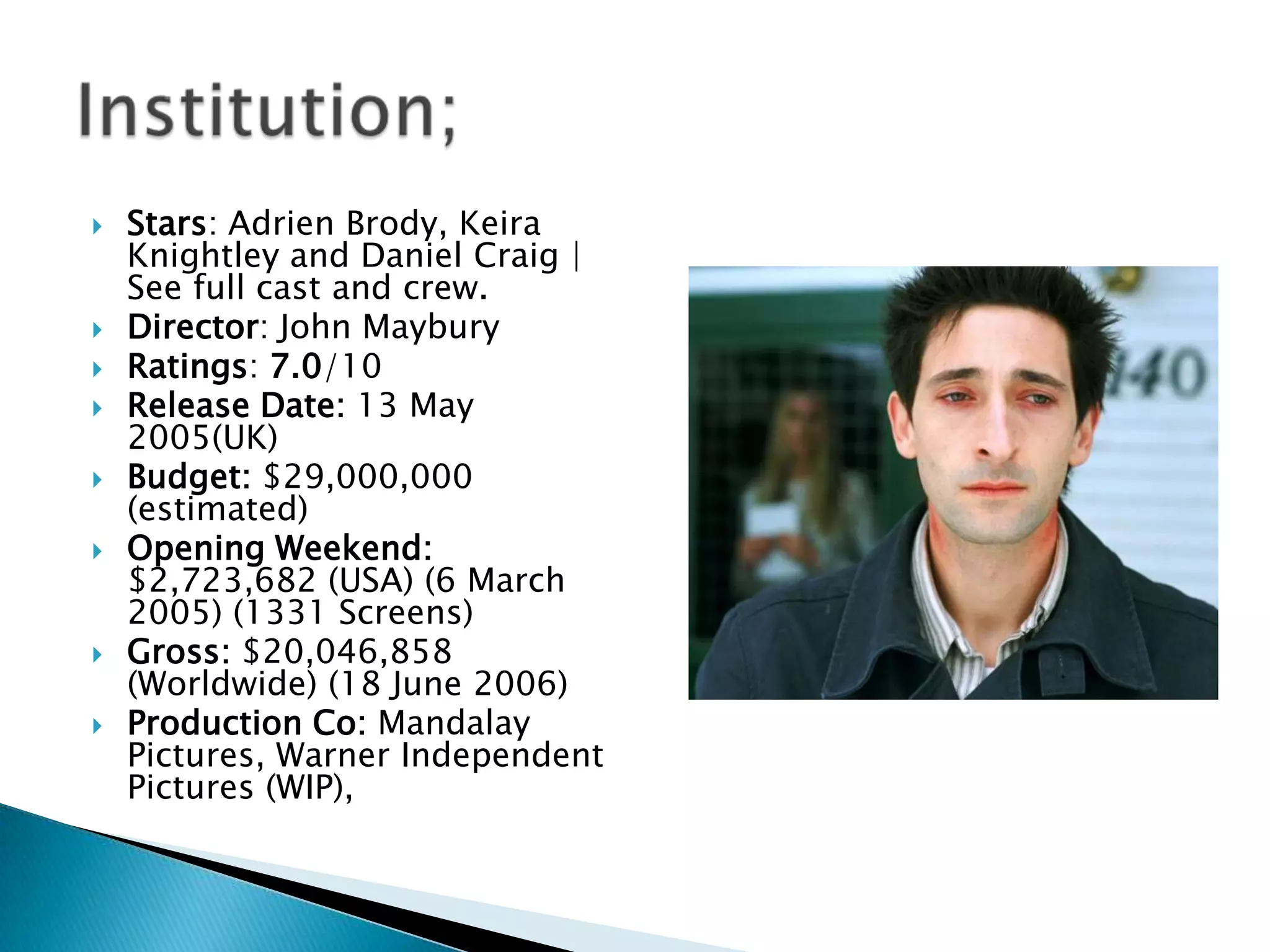    Stars: Adrien Brody, Keira
    Knightley and Daniel Craig |
    See full cast and crew.
   Director: John Maybury
   Ratings: 7.0/10
   Release Date: 13 May
    2005(UK)
   Budget: $29,000,000
    (estimated)
   Opening Weekend:
    $2,723,682 (USA) (6 March
    2005) (1331 Screens)
   Gross: $20,046,858
    (Worldwide) (18 June 2006)
   Production Co: Mandalay
    Pictures, Warner Independent
    Pictures (WIP),
 
