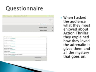    When I asked
    the audience
    what they most
    enjoyed about
    Action Thriller
    they explained
    how they loved
    the adrenalin it
    gives them and
    all the mystery
    that goes on.
 