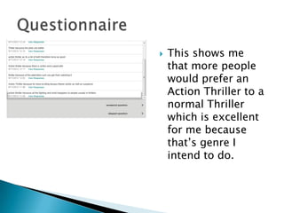    This shows me
    that more people
    would prefer an
    Action Thriller to a
    normal Thriller
    which is excellent
    for me because
    that‟s genre I
    intend to do.
 
