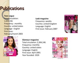 Publications
  Teen vogue
  Total circulation:                  Look magazine
  1,029,336                           Frequency: weekly
  Frequency : monthly                 Country: united kingdom
  Country: united states              Language: English
  Language : English                  First issue: February 2007
  First issue:
  February/march 2003

                       Glamour magazine
                       Total circulation: 2,304,146
                       Frequency: monthly
                       Country: united states
                       Language: English
                       First issue: April 2001
                       Year founded: 1939
                                                                   22/03/13
 