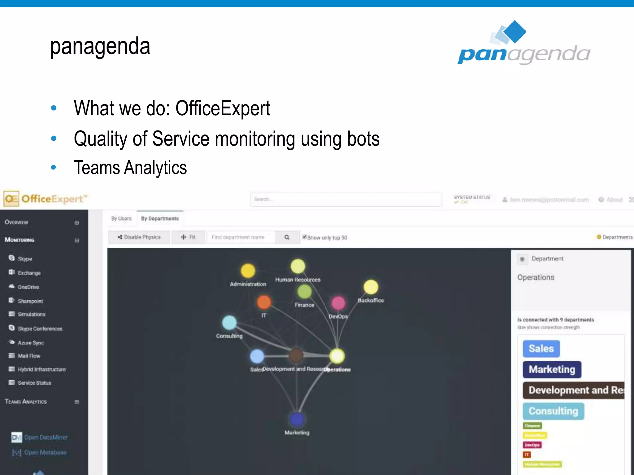 panagenda
• What we do: OfficeExpert
• Quality of Service monitoring using bots
• Teams Analytics
 
