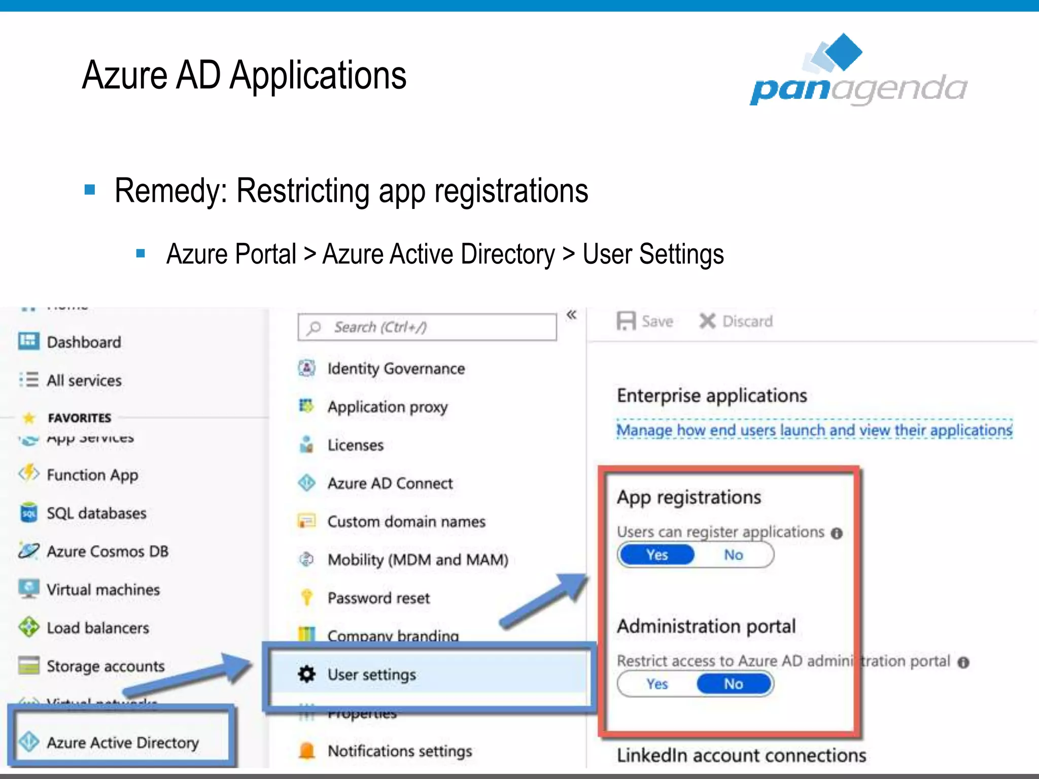  Remedy: Restricting app registrations
 Azure Portal > Azure Active Directory > User Settings
Azure AD Applications
 