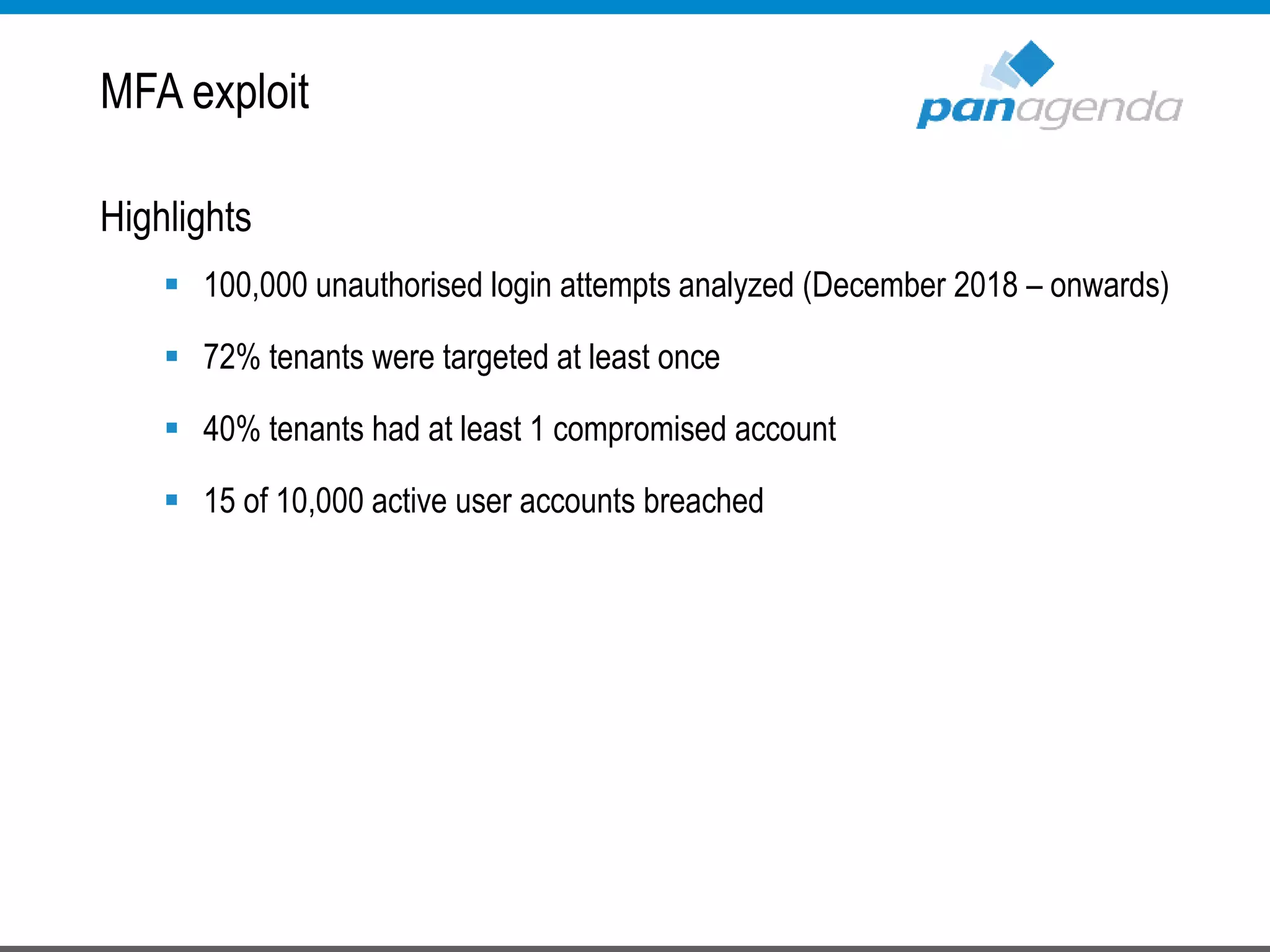 MFA exploit
Highlights
 100,000 unauthorised login attempts analyzed (December 2018 – onwards)
 72% tenants were targeted at least once
 40% tenants had at least 1 compromised account
 15 of 10,000 active user accounts breached
 