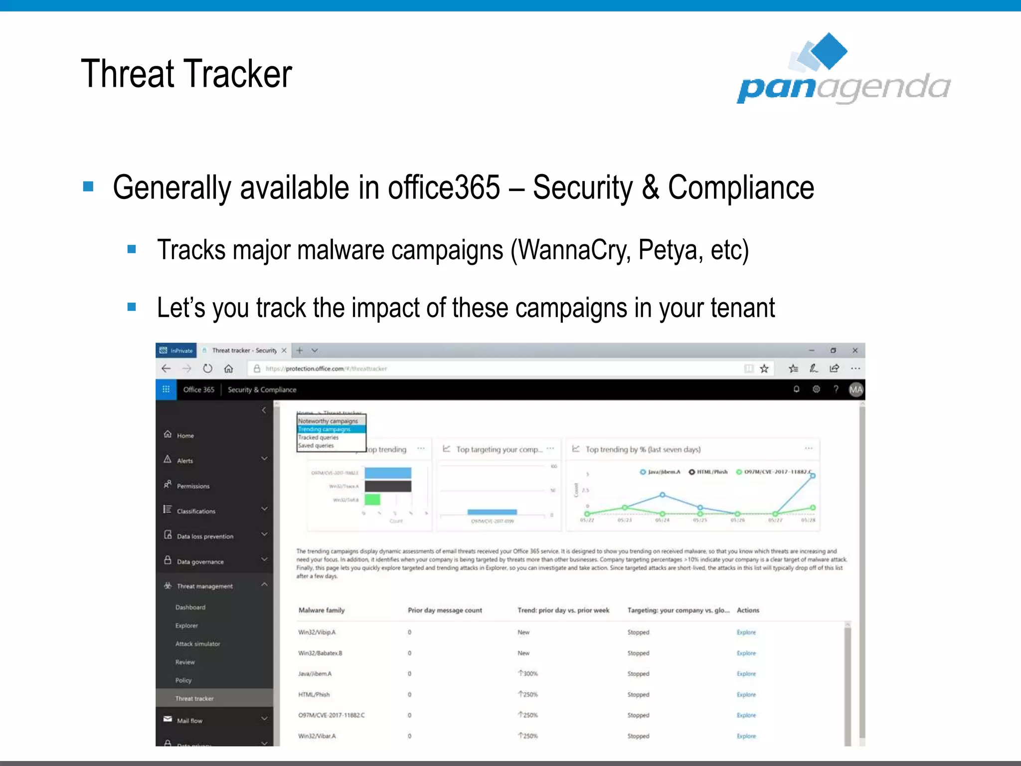  Generally available in office365 – Security & Compliance
 Tracks major malware campaigns (WannaCry, Petya, etc)
 Let’s you track the impact of these campaigns in your tenant
Threat Tracker
 