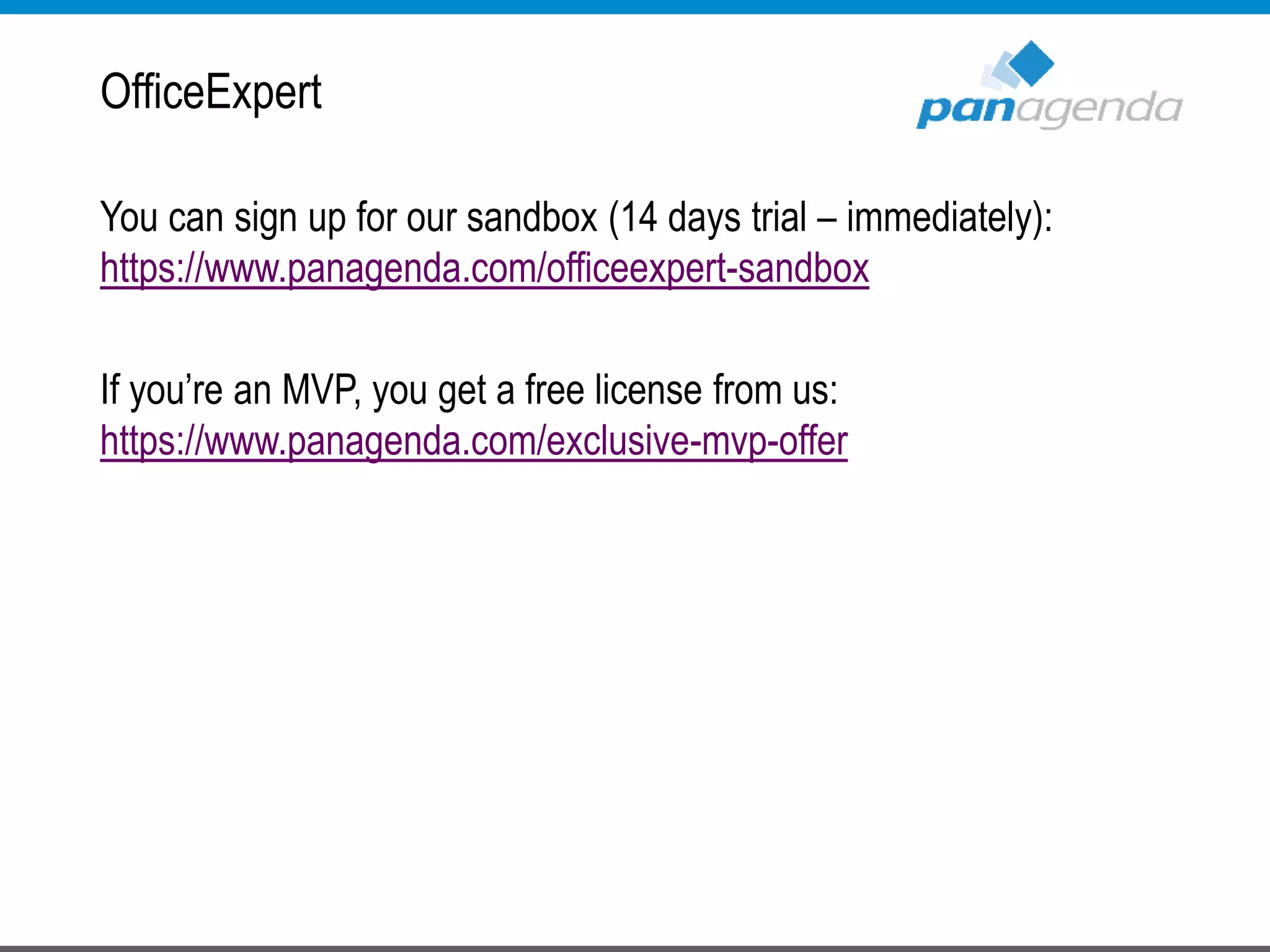 OfficeExpert
You can sign up for our sandbox (14 days trial – immediately):
https://www.panagenda.com/officeexpert-sandbox
If you’re an MVP, you get a free license from us:
https://www.panagenda.com/exclusive-mvp-offer
 