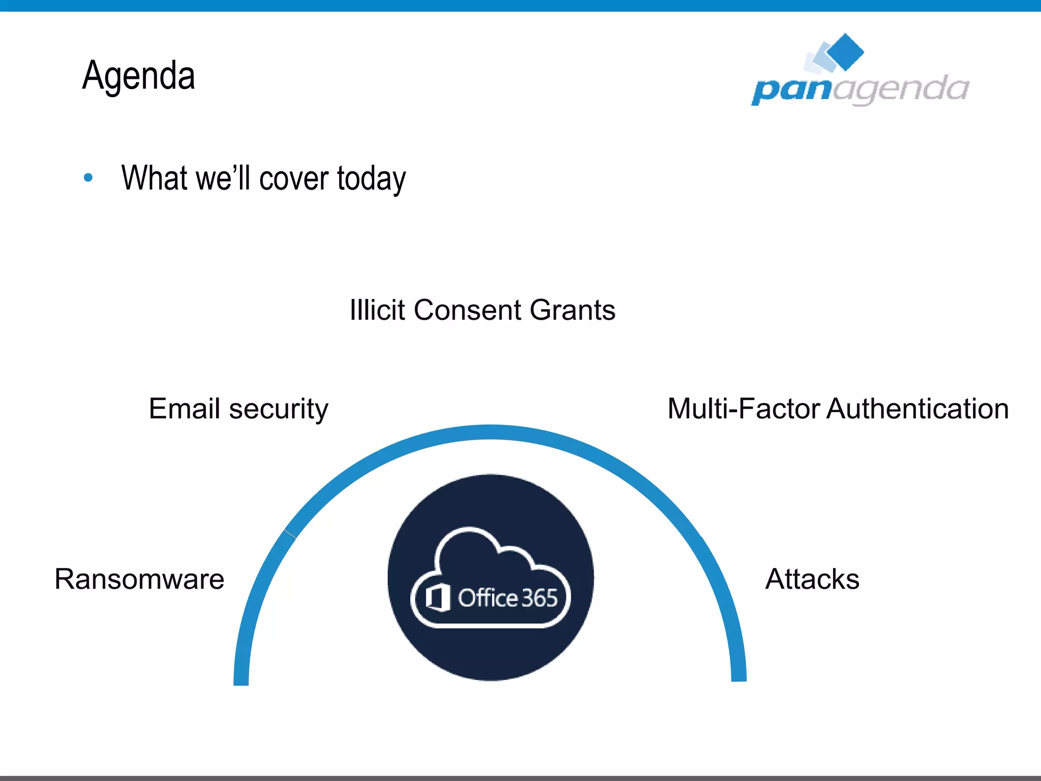 Agenda
• What we’ll cover today
Ransomware Attacks
Email security Multi-Factor Authentication
Illicit Consent Grants
 