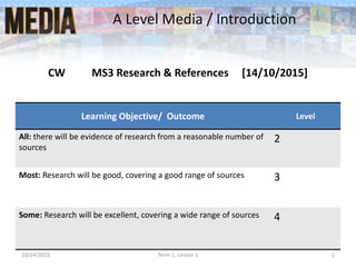 CW MS3 Research & References [14/10/2015]
A Level Media / Introduction
10/14/2015 Term 1, Lesson 1 1
Learning Objective/ Outcome Level
All: there will be evidence of research from a reasonable number of
sources
2
Most: Research will be good, covering a good range of sources 3
Some: Research will be excellent, covering a wide range of sources 4
 