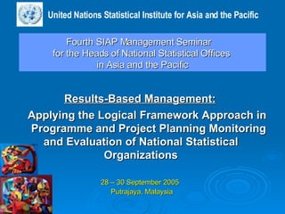 Fourth SIAP Management Seminar  for the Heads of National Statistical Offices  in Asia and the Pacific   Results-Based Management:   Applying the Logical Framework Approach in  Programme and Project Planning Monitoring  and Evaluation of National Statistical  Organizations 28 – 30 September 2005     Putrajaya, Malaysia United Nations Statistical Institute for Asia and the Pacific 