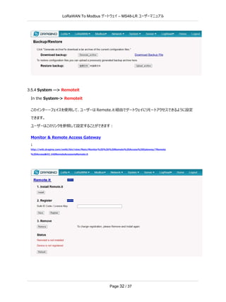 LoRaWAN To Modbus –
ゲートウェイ MS48-LR ユーザーマニュアル
Page 32 / 37
3.5.4 System --> Remoteit
In the System-> Remoteit
このインターーフェイスを使用して、ユーザーは Remote.it 経由でゲートウェイにリモートアクセスできるように設定
できます。
ユーザーはこのリンクを参照して設定することができます：
Monitor & Remote Access Gateway
↓
http://wiki.dragino.com/xwiki/bin/view/Main/Monitor%20%26%20Remote%20Access%20Gateway/?Remote
%20Access&H2.1A0RemoteAccessviaRemote.it
 