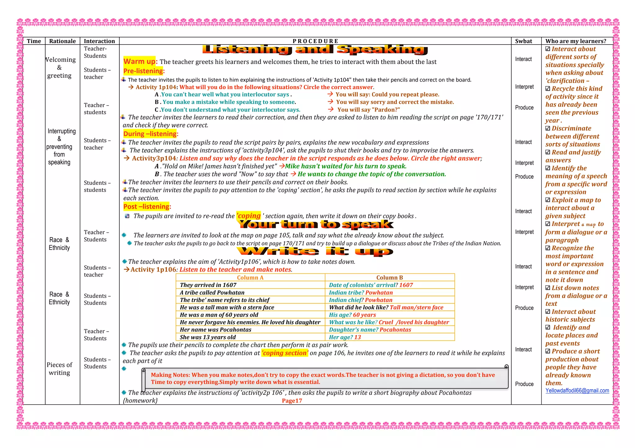 Making Notes: When you make notes,don’t try to copy the exact words.The teacher is not giving a dictation, so you don’t have 
Time to copy everything.Simply write down what is essential. 
 
Time   Rationale  Interaction  P R O C E D U R E  Swbat  Who are my learners? 
   
Welcoming 
& 
greeting 
 
 
 
 
 
 
Interrupting
&
preventing
from
speaking
Race &
Ethnicity
Race &
Ethnicity
 
 
 
Pieces of 
writing 
 
Teacher‐  
Students  
 
Students – 
teacher 
 
 
 
Teacher – 
students 
 
 
 
Students – 
teacher 
 
 
 
 
Students – 
students 
 
 
 
 
 
Teacher – 
Students 
 
 
 
Students – 
teacher   
 
 
Students –  
Students 
 
 
 
Teacher –  
Students 
 
 
Students –  
Students 
 
 
 
 
Warm up: The teacher greets his learners and welcomes them, he tries to interact with them about the last  
Pre‐listening: 
The teacher invites the pupils to listen to him explaining the instructions of 'Activity 1p104" then take their pencils and correct on the board. 
 Activity 1p104: What will you do in the following situations? Circle the correct answer. 
A .You can't hear well what you interlocutor says .                            You will say: Could you repeat please. 
B . You make a mistake while speaking to someone.                         You will say sorry and correct the mistake. 
C .You don't understand what your interlocutor says.                       You will say "Pardon?" 
The teacher invites the learners to read their correction, and then they are asked to listen to him reading the script on page '170/171' 
and check if they were correct. 
During –listening: 
The teacher invites the pupils to read the script pairs by pairs, explains the new vocabulary and expressions 
 The teacher explains the instructions of 'activity3p104', ask the pupils to shut their books and try to improvise the answers. 
 Activity3p104: Listen and say why does the teacher in the script responds as he does below. Circle the right answer; 
A ."Hold on Mike! James hasn't finished yet" Mike hasn't waited for his turn to speak. 
B . The teacher uses the word "Now" to say that  He wants to change the topic of the conversation. 
The teacher invites the learners to use their pencils and correct on their books. 
The teacher invites the pupils to pay attention to the 'coping' section', he asks the pupils to read section by section while he explains 
each section. 
Post –listening: 
The pupils are invited to re‐read the 'coping ' section again, then write it down on their copy books . 
 
The learners are invited to look at the map on page 105, talk and say what the already know about the subject. 
The teacher asks the pupils to go back to the script on page 170/171 and try to build up a dialogue or discuss about the Tribes of the Indian Nation.                                                       
 
The teacher explains the aim of 'Activity1p106', which is how to take notes down. 
Activity 1p106: Listen to the teacher and make notes. 
Column A  Column B 
They arrived in 1607  Date of colonists' arrival? 1607 
A tribe called Powhatan  Indian tribe? Powhatan 
The tribe' name refers to its chief   Indian chief? Powhatan 
He was a tall man with a stern face   What did he look like? Tall man/stern face 
He was a man of 60 years old  His age? 60 years 
He never forgave his enemies. He loved his daughter  What was he like? Cruel  /loved his daughter 
Her name was Pocahontas   Daughter's name? Pocahontas  
She was 13 years old   Her age? 13 
The pupils use their pencils to complete the chart then perform it as pair work. 
 The teacher asks the pupils to pay attention at 'coping section' on page 106, he invites one of the learners to read it while he explains 
each part of it 
 
     
 
The teacher explains the instructions of 'activity2p 106' , then asks the pupils to write a short biography about Pocahontas 
{homework}                                                                                   Page17 
 
Interact
Interpret
Produce
Interact
Interpret
Produce
Interact
Interpret
Interact
Interpret
Produce
Interact
Produce
Interact about 
different sorts of 
situations specially 
when asking about 
'clarification –
Recycle this kind 
of activity since it 
has already been 
seen the previous 
year .
Discriminate 
between different 
sorts of situations
Read and justify 
answers 
Identify the 
meaning of a speech 
from a specific word 
or expression
Exploit a map to 
interact about a 
given subject
Interpret a map to 
form a dialogue or a 
paragraph
Recognize the 
most important 
word or expression 
in a sentence and 
note it down
List down notes 
from a dialogue or a 
text
Interact about 
historic subjects
 Identify and 
locate places and 
past events
Produce a short 
production about 
people they have 
already known 
them.
Yellowdaffodil66@gmail.com
 
 