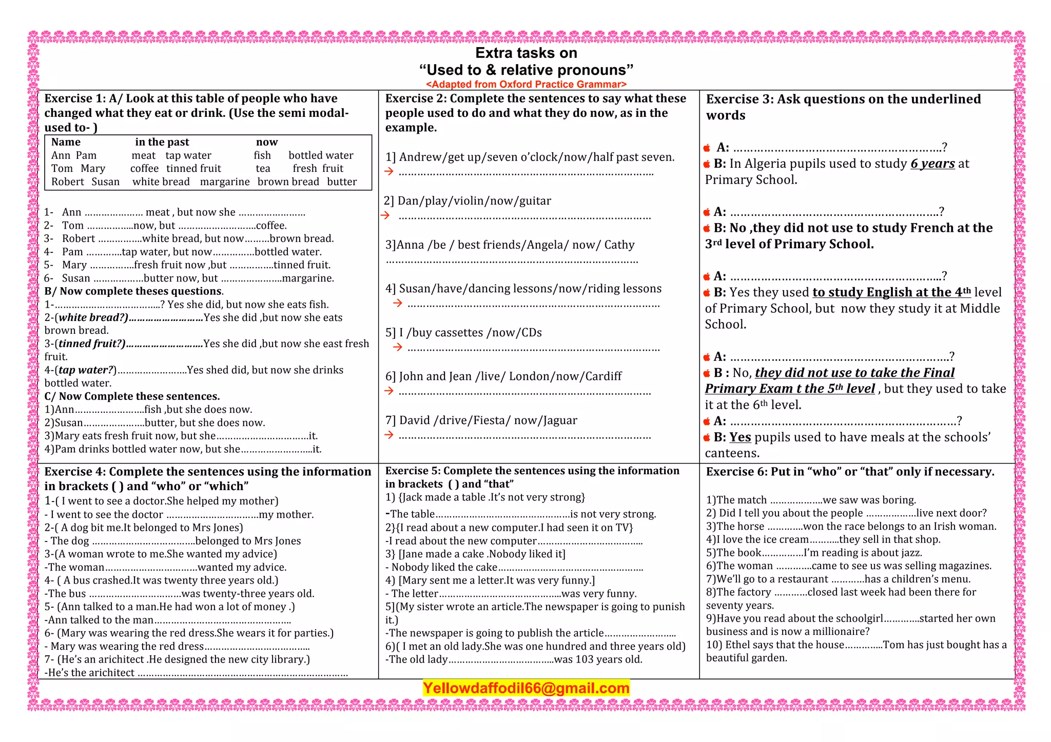Extra tasks on
“Used to & relative pronouns”
<Adapted from Oxford Practice Grammar>
Exercise 1: A/ Look at this table of people who have 
changed what they eat or drink. (Use the semi modal‐ 
used to‐ ) 
Name                      in the past                           now 
Ann  Pam              meat    tap water                 fish       bottled water 
Tom   Mary          coffee   tinned fruit              tea         fresh  fruit 
Robert   Susan     white bread    margarine   brown bread   butter 
 
1‐ Ann ………………… meat , but now she …………………… 
2‐ Tom ……………..now, but ……………………….coffee. 
3‐ Robert …………….white bread, but now………brown bread. 
4‐ Pam ………….tap water, but now……………bottled water. 
5‐ Mary …………….fresh fruit now ,but …………….tinned fruit. 
6‐ Susan ………………butter now, but ………………….margarine. 
B/ Now complete theses questions. 
1‐………………………………..? Yes she did, but now she eats fish. 
2‐(white bread?)………………………Yes she did ,but now she eats 
brown bread. 
3‐(tinned fruit?)……………………….Yes she did ,but now she east fresh 
fruit. 
4‐(tap water?)…………………….Yes shed did, but now she drinks 
bottled water. 
C/ Now Complete these sentences. 
1)Ann…………………….fish ,but she does now. 
2)Susan………………….butter, but she does now. 
3)Mary eats fresh fruit now, but she……………………………it. 
4)Pam drinks bottled water now, but she……………………..it. 
Exercise 2: Complete the sentences to say what these 
people used to do and what they do now, as in the 
example. 
 
1] Andrew/get up/seven o’clock/now/half past seven. 
 ………………………………………………………………………. 
 
2] Dan/play/violin/now/guitar 
 ……………………………………………………………………… 
 
3]Anna /be / best friends/Angela/ now/ Cathy 
……………………………………………………………………… 
 
4] Susan/have/dancing lessons/now/riding lessons 
 ……………………………………………………………………… 
 
5] I /buy cassettes /now/CDs 
 ……………………………………………………………………… 
 
6] John and Jean /live/ London/now/Cardiff 
 ……………………………………………………………………… 
 
7] David /drive/Fiesta/ now/Jaguar 
 ……………………………………………………………………… 
 
Exercise 3: Ask questions on the underlined 
words 
 
  A: …………………………………………………….? 
 B: In Algeria pupils used to study 6 years at 
Primary School. 
 
 A: …………………………………………………….? 
 B: No ,they did not use to study French at the 
3rd level of Primary School. 
 
 A: ……………………………………………………..? 
 B: Yes they used to study English at the 4th level 
of Primary School, but  now they study it at Middle 
School. 
 
 A: ……………………………………………………….? 
 B : No, they did not use to take the Final 
Primary Exam t the 5th level , but they used to take 
it at the 6th level. 
 A: …………………………………………………………? 
 B: Yes pupils used to have meals at the schools’ 
canteens.  
Exercise 4: Complete the sentences using the information 
in brackets ( ) and “who” or “which” 
1‐( I went to see a doctor.She helped my mother) 
‐ I went to see the doctor ……………………………my mother. 
2‐( A dog bit me.It belonged to Mrs Jones) 
‐ The dog ……………………………….belonged to Mrs Jones 
3‐(A woman wrote to me.She wanted my advice) 
‐The woman……………………………wanted my advice. 
4‐ ( A bus crashed.It was twenty three years old.) 
‐The bus ……………………………was twenty‐three years old. 
5‐ (Ann talked to a man.He had won a lot of money .) 
‐Ann talked to the man…………………………………………. 
6‐ (Mary was wearing the red dress.She wears it for parties.) 
‐ Mary was wearing the red dress……………………………….. 
7‐ (He’s an arichitect .He designed the new city library.) 
‐He’s the arichitect ………………………………………………………………… 
Exercise 5: Complete the sentences using the information 
in brackets  ( ) and “that” 
1) {Jack made a table .It’s not very strong} 
‐The table…………………………………………is not very strong. 
2}{I read about a new computer.I had seen it on TV} 
‐I read about the new computer……………………………….. 
3} [Jane made a cake .Nobody liked it] 
‐ Nobody liked the cake……………………………………………. 
4) [Mary sent me a letter.It was very funny.] 
‐ The letter……………………………………..was very funny. 
5](My sister wrote an article.The newspaper is going to punish 
it.) 
‐The newspaper is going to publish the article…………………….. 
6)( I met an old lady.She was one hundred and three years old) 
‐The old lady………………………………..was 103 years old. 
Exercise 6: Put in “who” or “that” only if necessary. 
 
1)The match ……………….we saw was boring. 
2) Did I tell you about the people ………………live next door? 
3)The horse ………….won the race belongs to an Irish woman. 
4)I love the ice cream………..they sell in that shop. 
5)The book……………I’m reading is about jazz. 
6)The woman ………….came to see us was selling magazines. 
7)We’ll go to a restaurant …………has a children’s menu. 
8)The factory …………closed last week had been there for 
seventy years. 
9)Have you read about the schoolgirl………….started her own 
business and is now a millionaire? 
10) Ethel says that the house…………..Tom has just bought has a 
beautiful garden. 
Yellowdaffodil66@gmail.com
 