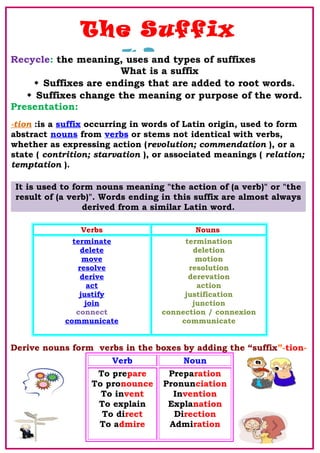 Recycle: the meaning, uses and types of suffixes
What is a suffix
 Suffixes are endings that are added to root words.
 S...