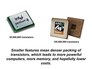 55,000,000 transistors
105,900,000 transistors
Smaller features mean denser packing of
transistors, which leads to more powerful
computers, more memory, and hopefully lower
costs.
 