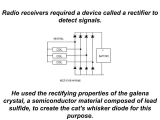 Radio receivers required a device called a rectifier to
detect signals.
He used the rectifying properties of the galena
crystal, a semiconductor material composed of lead
sulfide, to create the cat's whisker diode for this
purpose.
 