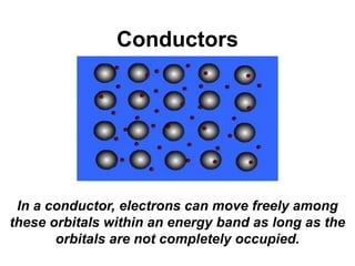 Conductors
In a conductor, electrons can move freely among
these orbitals within an energy band as long as the
orbitals are not completely occupied.
 
