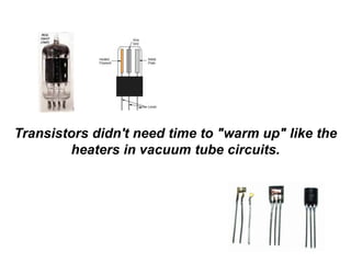 Transistors didn't need time to "warm up" like the
heaters in vacuum tube circuits.
 