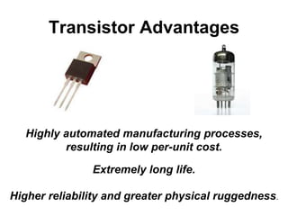 Highly automated manufacturing processes,
resulting in low per-unit cost.
Transistor Advantages
Extremely long life.
Higher reliability and greater physical ruggedness.
 