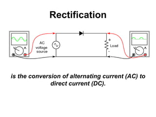 Rectification
is the conversion of alternating current (AC) to
direct current (DC).
 