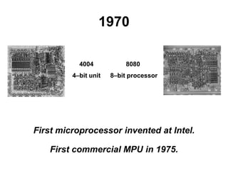 1970
8080
8–bit processor
4004
4–bit unit
First microprocessor invented at Intel.
First commercial MPU in 1975.
 
