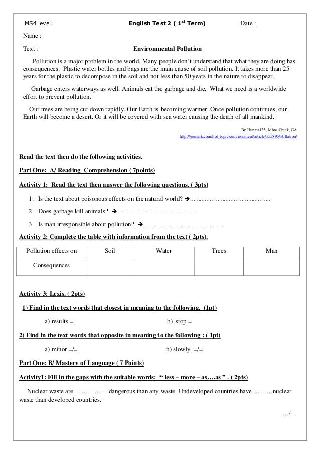 Ms 4 Test 2 1st Term Environmental Pollution 1 Ms 4 Test 2 1st Term Environmental Pollution 1