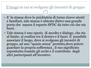 Il luogo in cui si svolgono gli incontri di gruppo 
 E’ la stanza dove lo psichiatria di turno riceve utenti 
e familiari, tale stanza è ubicata dietro una grande 
porta che separa il reparto SPDC da tutto ciò che sta 
fuori. 
 Tale stanza è uno spazio di ascolto e dialogo, che sta 
al limite, al confine tra il dentro e il fuori. E’ possibile 
associare il luogo, dove si svolgono gli incontri di 
gruppo, ad uno “spazio senza” protetto,dove potere 
guardare la propria sofferenza , il suo significato 
soprattutto tramite gli occhi e il contributo degli 
altri partecipanti all’incontro. 
 