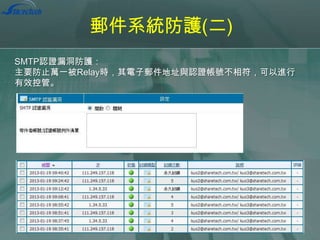 郵件系統防護(二)
SMTP認證漏洞防護：
主要防止萬一被Relay時，其電子郵件地址與認證帳號不相符，可以進行
有效控管。

 