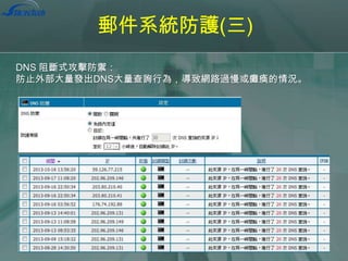 郵件系統防護(三)
DNS 阻斷式攻擊防禦：
防止外部大量發出DNS大量查詢行為，導致網路過慢或癱瘓的情況。

 
