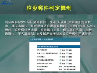 垃圾郵件判定機制
判定機制包含ST-IP 網路信評、快速 ST-PIC 多維圖形辨識技
術、貝氏過濾法、貝氏過濾法自動學習機制、自動白名單(AWL)
機制、垃圾信特徵過濾、系統黑白名單、個人黑白名單、指紋
辨識法、灰名單機制、ip反解反查機制等等垃圾郵件防堵技術。

 