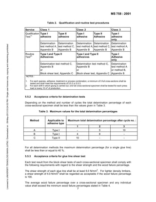 MS 758 : 2001
Table 2. Qualification and routine test procedures
Service

Class 1

Licensed to UNIVERSITI TEKNOLOGI MARA (UITM) / Downloaded on : 09-May-2013 03:24:02 PM / Single user license only, copying and networking prohibited

Qualification Type I
1)
Test
adhesive

Class 2
Type II
adhesive

Type I
adhesive

Class 3
Type II
Adhesive

Type I
adhesive
only

Delamination Delamination Delamination Delamination Delamination
test method A, test method C, test method A, test method C, test method A,
Appendix B
Appendix B
Appendix B
Appendix B
Appendix B
Routine
2)
Test

Type I and Type II
Adhesives

Type I and Type II
adhesives

Type I
Adhesive
only

Delamination test method C,
Appendix B
or
Block shear test, Appendix C

Delamination test method C,
Appendix B
or
Block shear test, Appendix C

Delamination
test method A
or method B,
Appendix B

NOTES :
1.
2.

For each species, adhesive, treatment or process combination, a minimum of 5 full cross-sections shall be
tested and shall meet the requirements of 5.5.2 or 5.5.3.
For each shift in which gluing is carried out, one full cross-sectional specimen shall be tested for each press
load or every 10 m3 of production.

5.5.2

Acceptance criteria for delamination tests

Depending on the method and number of cycles the total delamination percentage of each
cross-sectional specimen shall be less than the values given in Table 3.
Table 3. Maximum values for the total delamination percentages

Method

Applicable to
adhesive type

Maximum total delamination percentage after cycle no. :
1

A

Type I

2

3

-

5

10

B

Type I

4

8

-

C

Type II

10

-

-

For all delamination methods the maximum delamination percentage (for a single glue line)
shall be less than or equal to 40 %.
5.5.3

Acceptance criteria for glue line shear test

Each test result from the block shear tests of each cross-sectional specimen shall comply with
the following requirements with regard to the shear strength and the wood failure percentage.
2

The shear strength of each glue line shall be at least 6.0 N/mm . For lighter density timbers,
2
a shear strength of 4.0 N/mm shall be regarded as acceptable if the wood failure percentage
is 100.
The average wood failure percentage over a cross-sectional specimen and any individual
value shall exceed the minimum wood failure percentages stated in Table 4.
7

 