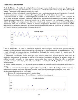 17
Análise gráfica dos resultados
Carta de Médias – As médias de múltiplas leituras feitas por cada avaliadores, sobre cada uma das peças são
plotadas pelo avaliador, que marca no eixo das abscissas o número de identificação da peça. Este gráfico pode
auxiliar a determinação da consistência entre avaliadores.
A média das médias e os limites de controle (calculados com a amplitude média), são também traçados. A carta de
médias resultantes nos esclarece e informa sobre “a possibilidade de uso” do sistema de medição.
A área situada entre os limites de controle representa a sensibilidade de medição (“ruído”). Caso o conjunto de
peças usado no estudo represente a variação do processo, aproximadamente metade (ou mais) das médias se
situarão acima ou abaixo desses limites de controle. Se os dados mostrarem esta configuração gráfica, então o
sistema de medição será adequado para detectar a variação peça-a-peça e o sistema de medição poderá gerar
informações úteis para a análise e controle do processo de produção. Se menos que metade dessas médias
estiverem localizadas além dos limites de controle, então ou o sistema de medição não dispõe de resolução efetiva,
ou a amostra não representa a variação esperada do processo.
Carta de Amplitudes – A carta de controle de amplitudes é utilizada para verificar se um processo está sob
controle. Não interessa quão grande possa ser o erro de medição, os limites de controle incluem aquele erro. Esta é
a razão pela qual se torna necessária a identificação e eliminação das causas especiais de variação, antes de
qualificar um estudo como relevante.
As amplitudes das múltiplas leituras feitas por cada avaliador sobre cada peça são plotadas numa carta de
amplitudes convencional, incluindo-se as marcações da amplitude média e do(s) limite(s) de controle. A partir da
análise dos dados projetados na carta, algumas interpretações úteis podem ser feitas. Se todas as amplitudes
projetadas estiverem sob controle, então todos os avaliadores estarão trabalhando de igual forma, estarão fazendo o
mesmo trabalho.
Se um dos avaliadores estiver fora de controle, então o método por ele utilizado difere do método utilizado pelos
demais.
Se todos os avaliadores tiverem alguma amplitude fora de controle, o sistema de medição mostra-se sensível à
técnica utilizada pelos avaliadores, e portanto necessita algum aperfeiçoamento para poder gerar dados úteis.
A carta de amplitudes auxilia na verificação:
• Do controle estatístico com respeito à repetitividade
• Da consistência do processo de medição entre avaliadores para cada peça.
Carta das Médias
11,850
11,870
11,890
11,910
11,930
11,950
11,970
11,990
Carta das Amplitudes
0,0000
0,0200
0,0400
0,0600
0,0800
0,1000
0,1200
 