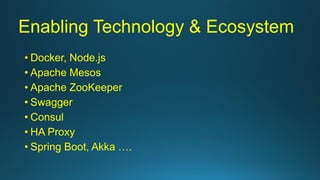 Enabling Technology & Ecosystem
• Docker, Node.js
• Apache Mesos
• Apache ZooKeeper
• Swagger
• Consul
• HA Proxy
• Spring Boot, Akka ….
 